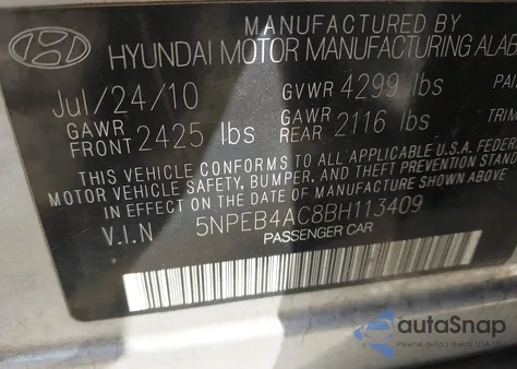 2011 Hyundai Sonata Gls from USA, damaged, VIN 5NPEB4AC8BH113409